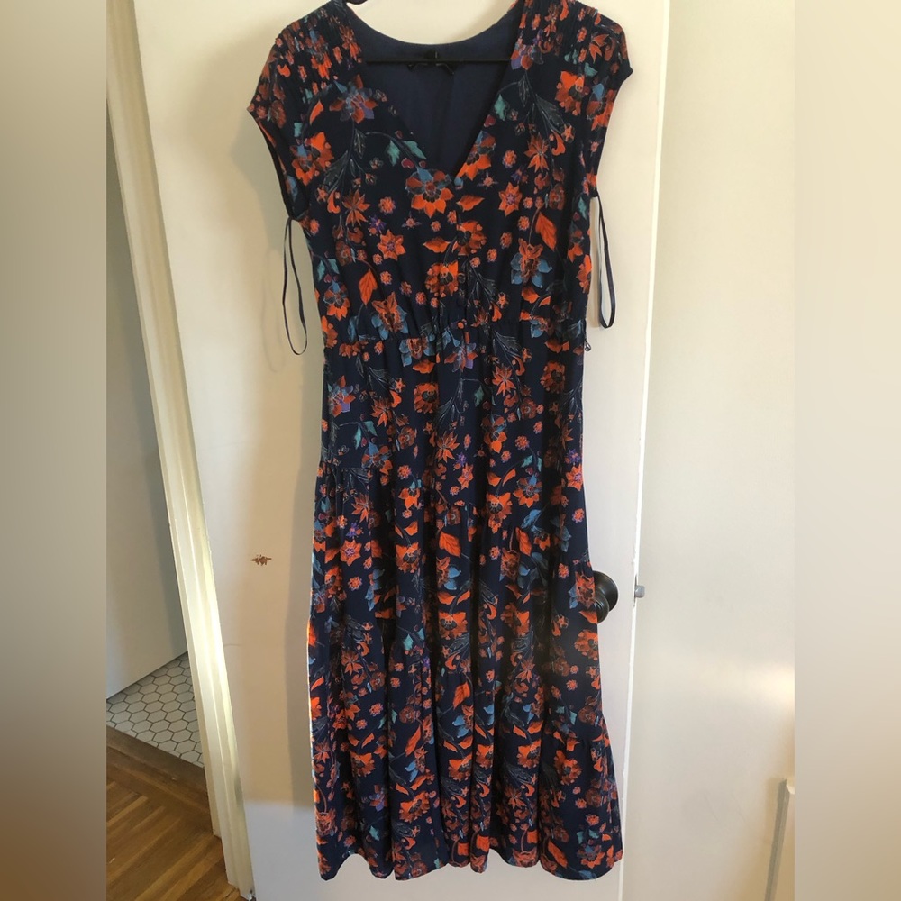 Maggy London Navy Midi Dress with Orange Floral Print